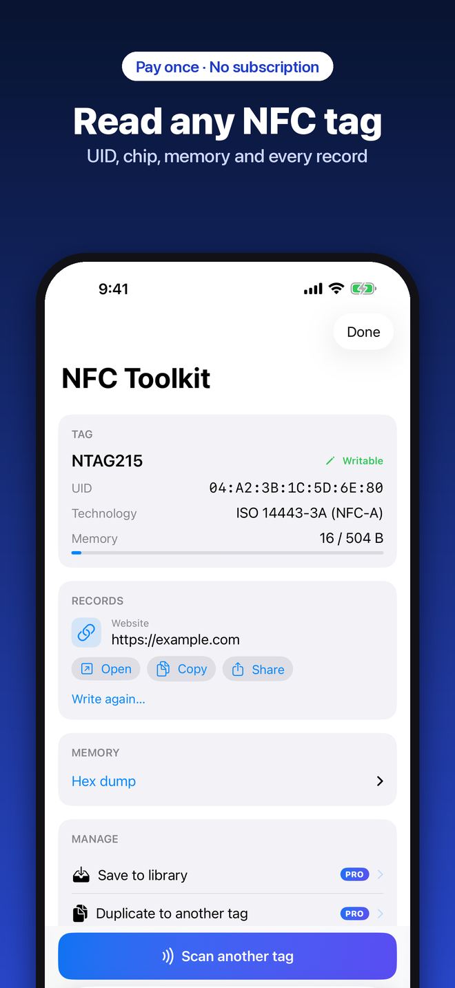 Scan result showing an NTAG215 tag with its UID, memory use, a website record and Open, Copy and Share buttons