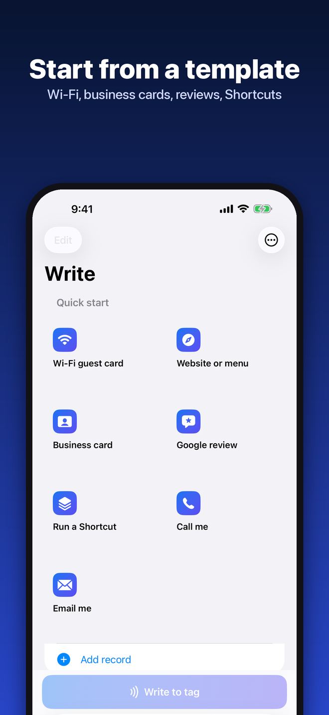 Write tab with templates: Wi-Fi guest card, Website or menu, Business card, Google review, Run a Shortcut, Call me and Email me