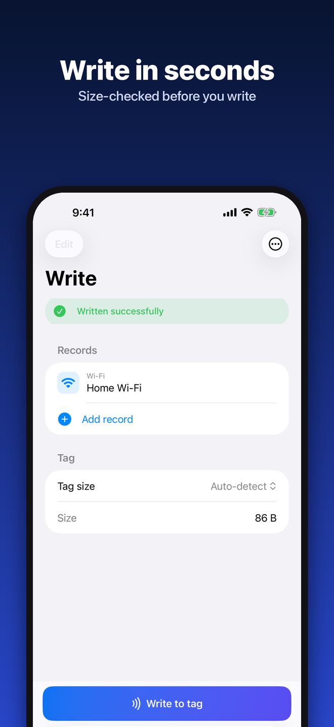 Write tab after writing a Wi-Fi record, showing Written successfully and an 86-byte size