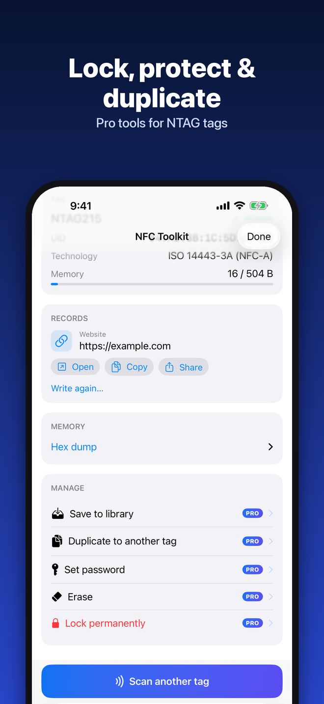 Manage section with Save to library, Duplicate, Set password, Erase and Lock permanently, each marked Pro